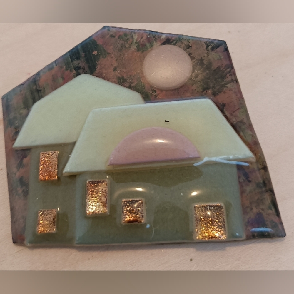 Handcrafted Glass House Brooch in Sage Green and Pink with Gold Accents